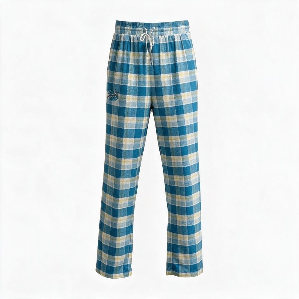 Slunks Plaid Lounge Pants Blue Yellow Size M Hidden Zipper Pockets Graphic Logo